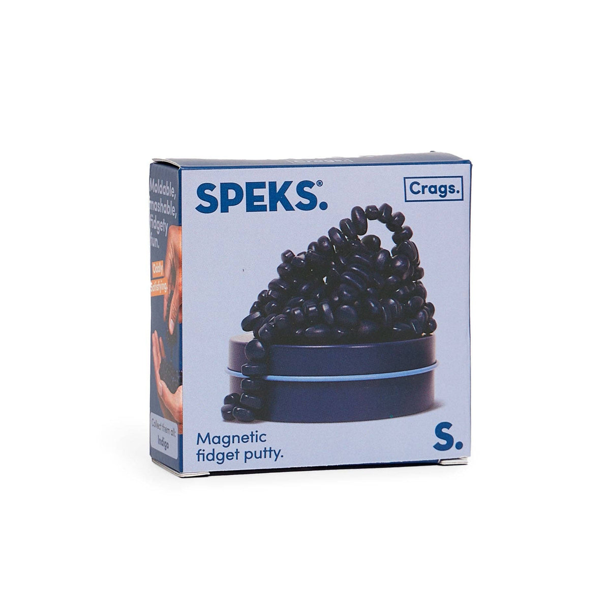 Speks Mini Matte Crags Indigo Mat avec petits éléments magnétiques bleus sur leur boîte ronde assortie