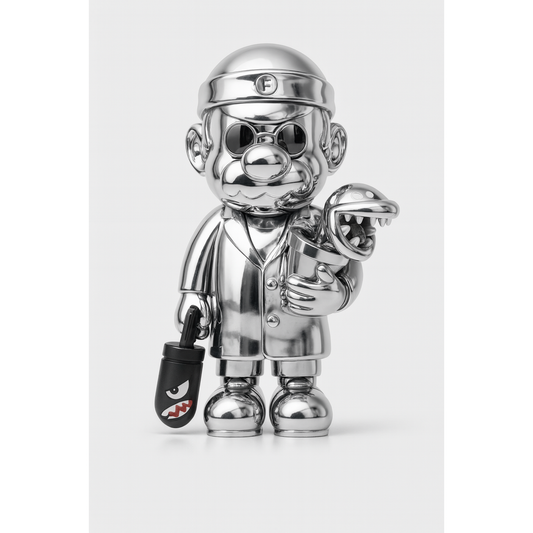 Affiche "Nickel Chrome #2" – sculpture chromée style pop art avec détails noirs, format 30x40 cm