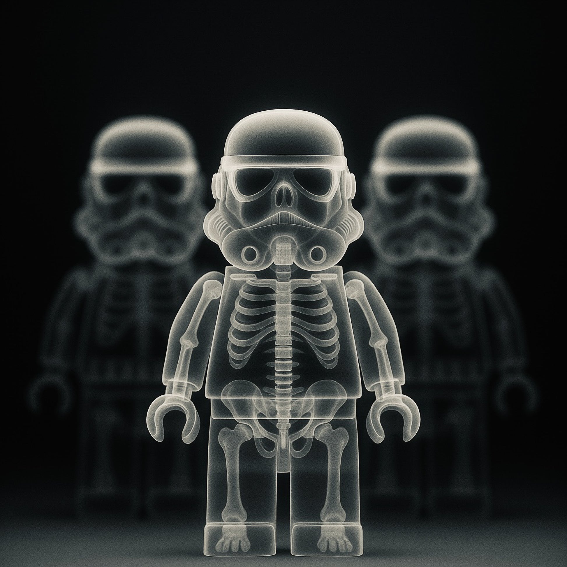 Affiche "X-Ray Trooper" – figurine radiographiée en noir et blanc, style art pop