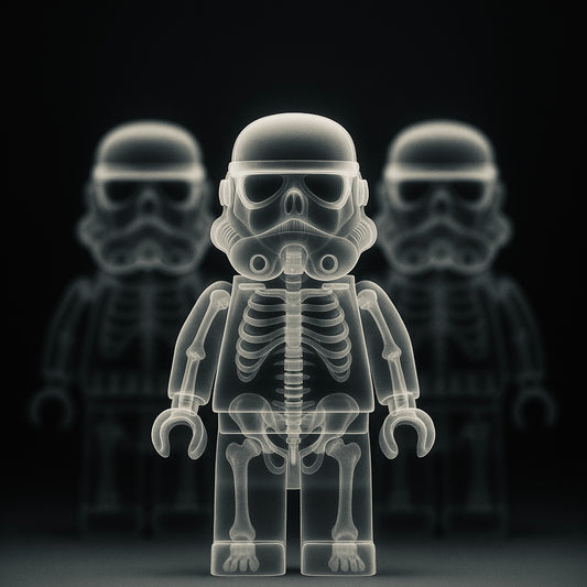 Affiche "X-Ray Trooper" – figurine radiographiée en noir et blanc, style art pop