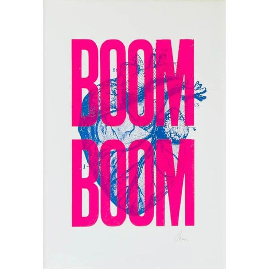 Sérigraphie Boom Boom 30x40cm – Pappus Editions – Impression signée rose fluo et bleu