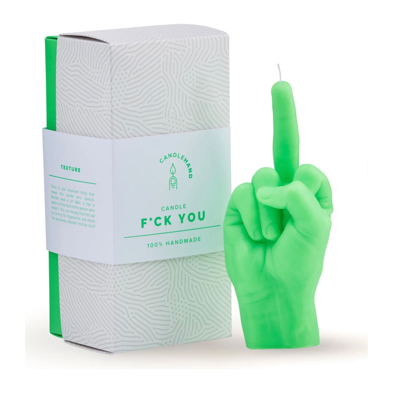Bougie Candlehand fluo vert en forme de main faisant un doigt d’honneur