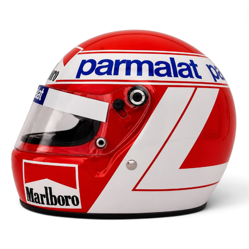 Casque Replica Niki Lauda 1984 rouge et blanc vu de profil, inspiré du casque de sa saison de Champion du monde de Formule 1