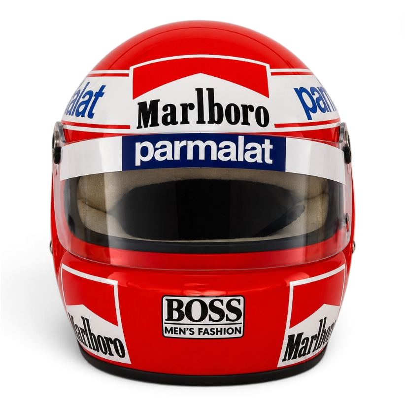 Casque Replica Niki Lauda 1984 rouge et blanc vu de profil, inspiré du casque de sa saison de Champion du monde de Formule 1