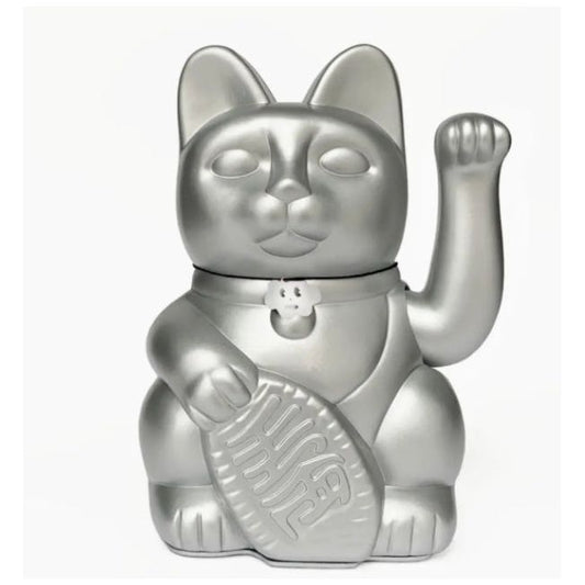 Chat porte-bonheur argenté design Diminuto Cielo, maneki-neko stylisé pour déco moderne