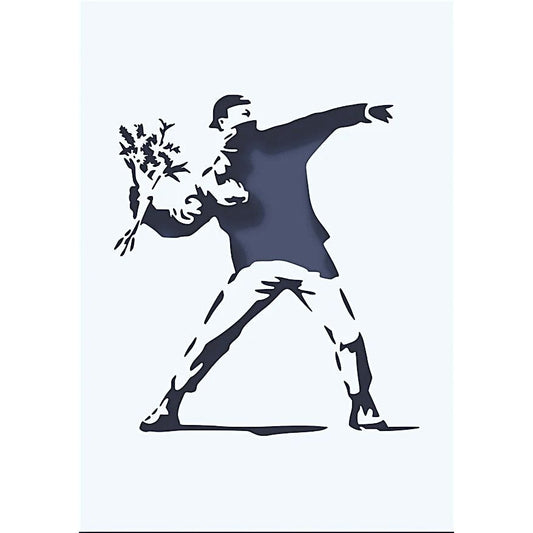 Pochoir Banksy “Flower Thrower” format A4 – plastique souple réutilisable pour art urbain et déco