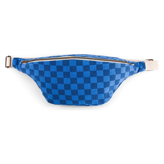Sac banane Rose in April – imprimé damier bleu – coton avec fermeture éclair et sangle ajustable