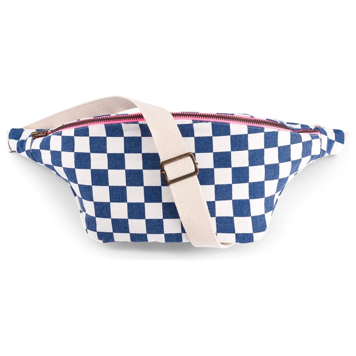 Sac banane Rose in April – imprimé damier écru et bleu – fermeture rose et sangle ajustable en coton