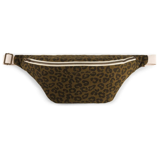 Sac banane Rose in April – imprimé léopard olive – fermeture métal et bandoulière réglable