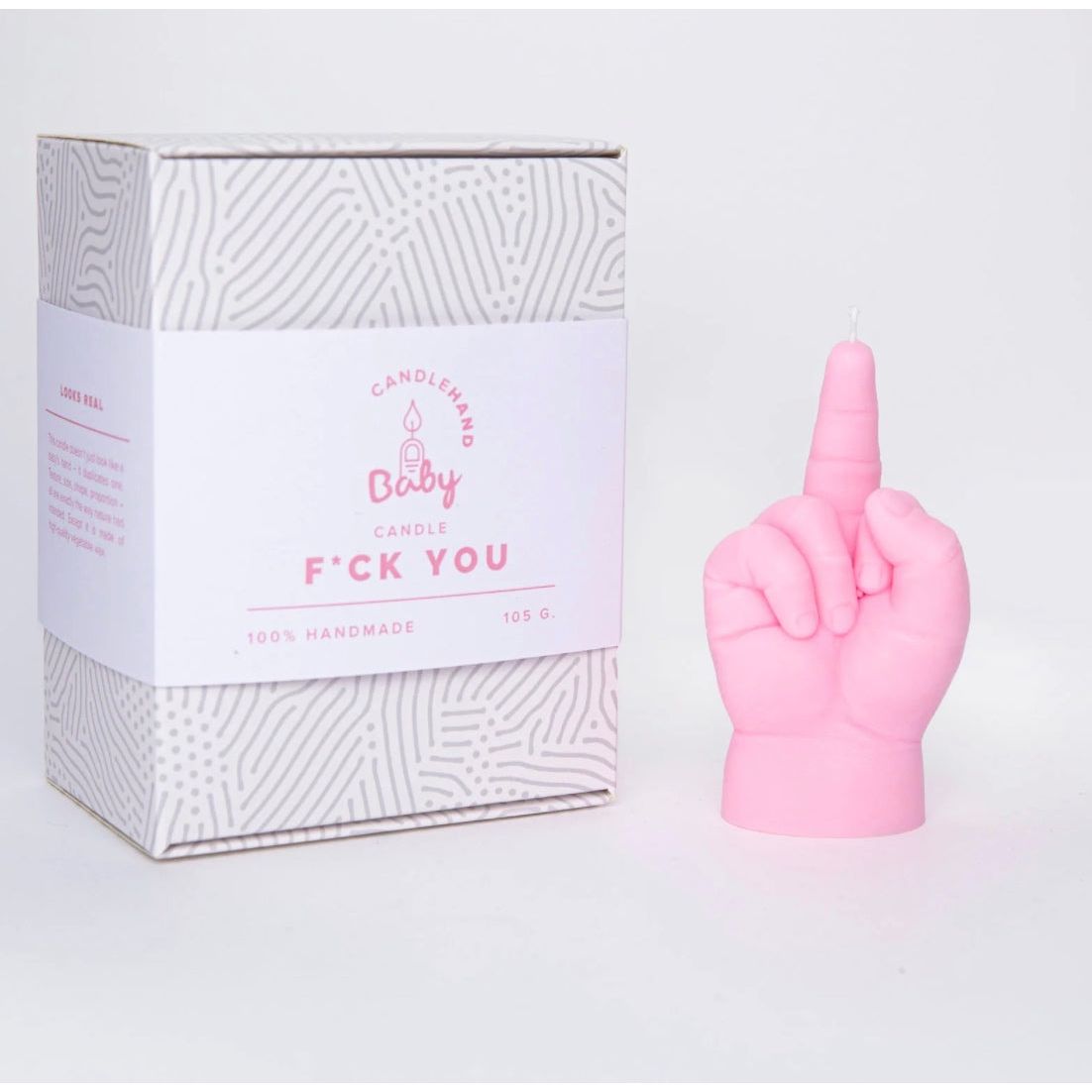 Bougie Candlehand F*ck You Baby rose en forme de main de bébé faisant un doigt d'honneur