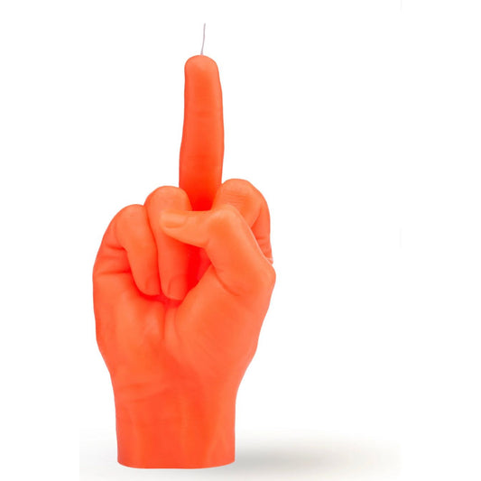 Bougie Candlehand fluo orange en forme de main faisant un doigt d’honneur