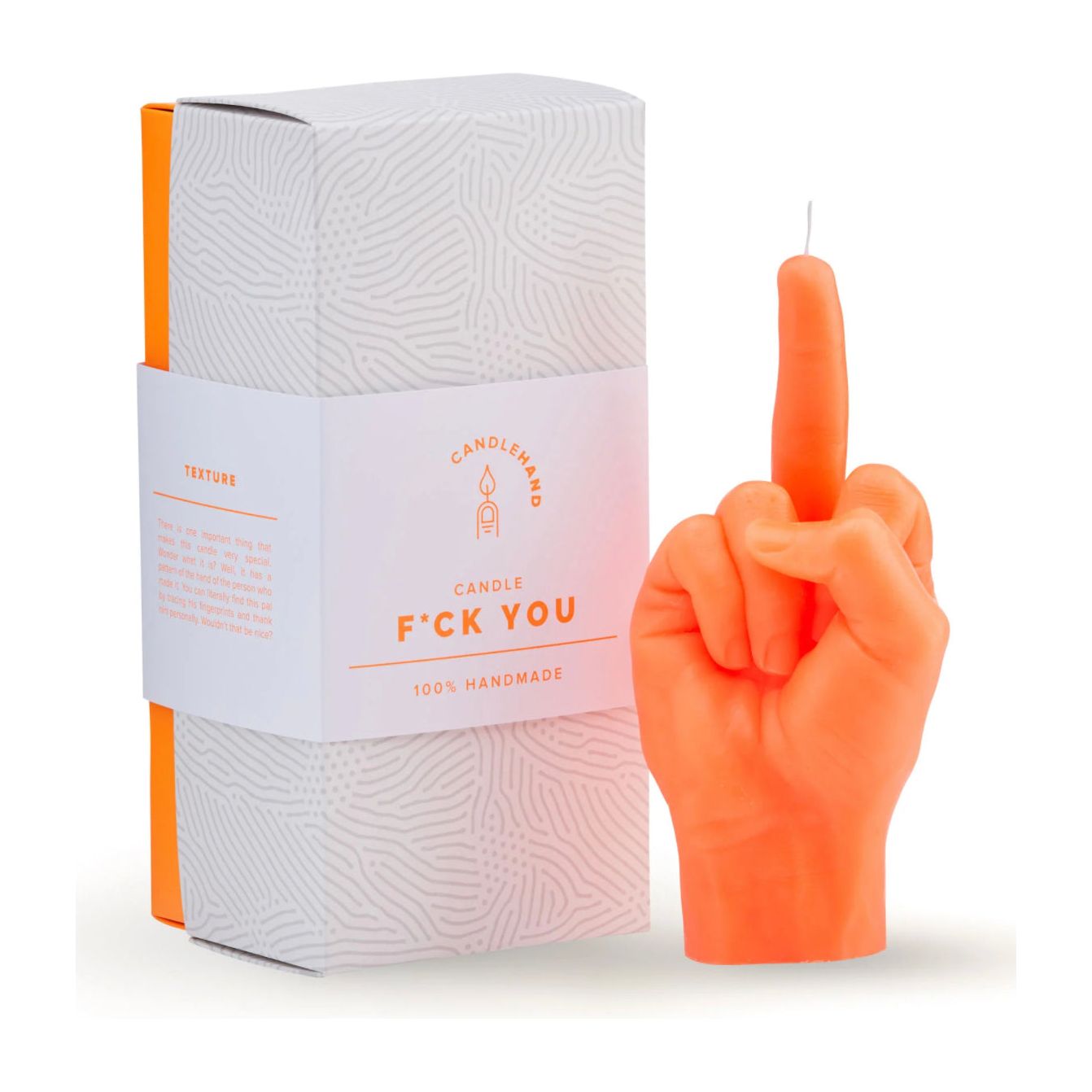 Bougie Candlehand fluo orange en forme de main faisant un doigt d’honneur