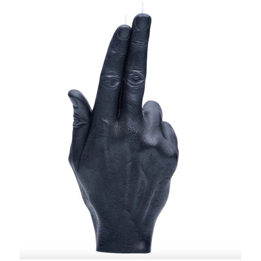 Bougie noire Candlehand en forme de main faisant le geste "gun fingers"