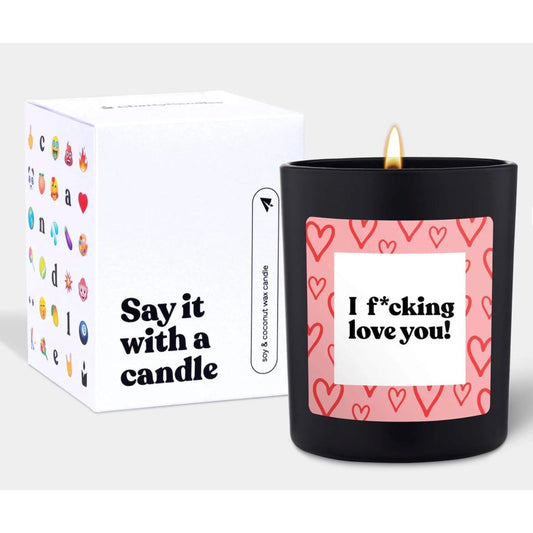 Bougie noire Candlehand avec étiquette "I f*cking love you!" et décor de cœurs