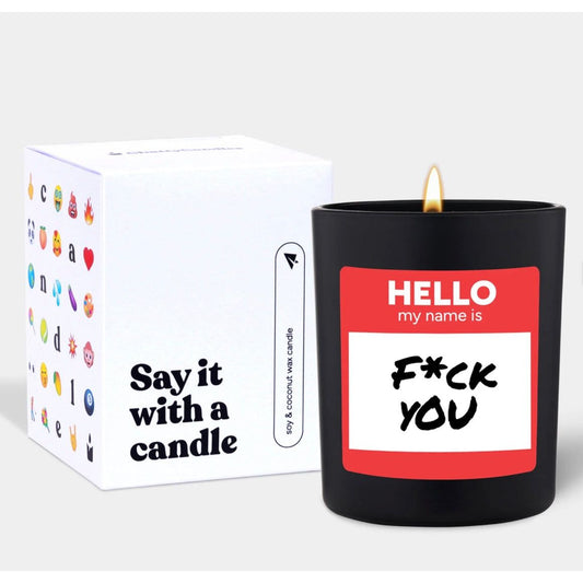 Bougie noire Candlehand avec étiquette rouge "Hello my name is F*ck You"