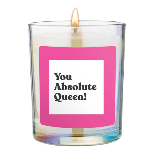 Bougie en verre avec étiquette rose et message You Absolute Queen!
