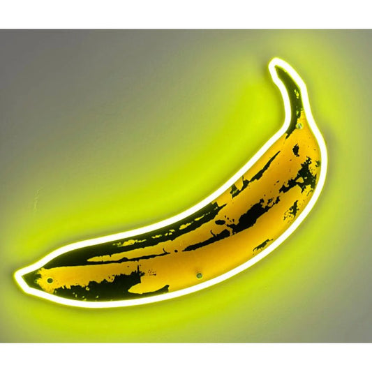 Néon mural Banana d’Andy Warhol – banane jaune avec halo lumineux fluo