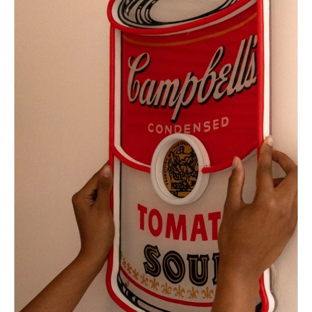 Néon mural New Campbell Andy Warhol – boîte de soupe rouge Campbell rétroéclairée