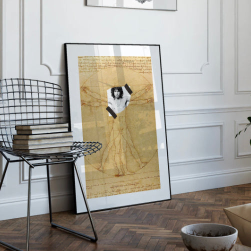 Affiche Jim Vitruviano avec détournement du dessin de Léonard de Vinci par une photo de Jim Morrison scotchée sur le torse