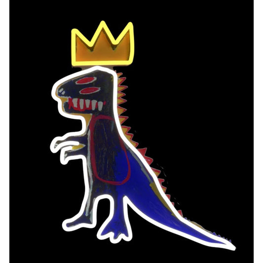 Néon mural Pez Dispenser de Basquiat édité par Yellow Pop, dinosaure coloré avec couronne