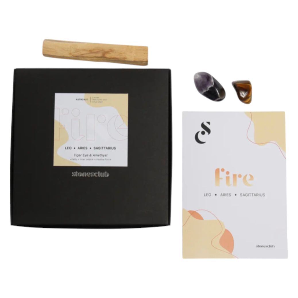 Kit Astro Feu pour signes Bélier, Lion, Sagittaire avec pierres naturelles, livret et bâton de Palo Santo – Stones Club