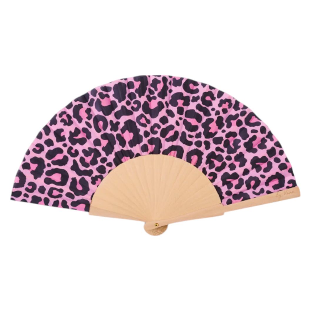 éventail rose à motif léopard noir avec structure en bois clair – By Vivi