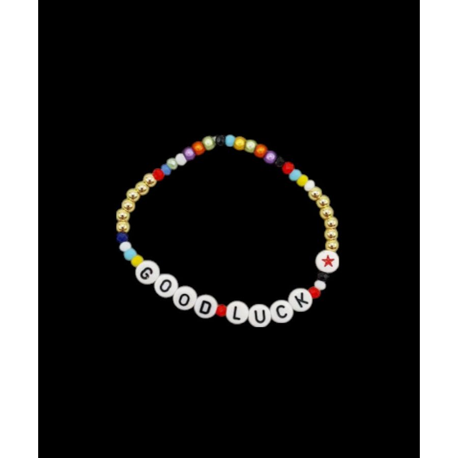 bracelet GOOD LUCK multicolore avec perles en acrylique et laiton doré, sur élastique