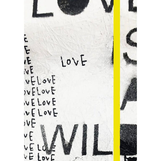 affiche Love is a Wild Animal par Hélène Lelimouzin avec typographie noire sur fond blanc et bande jaune