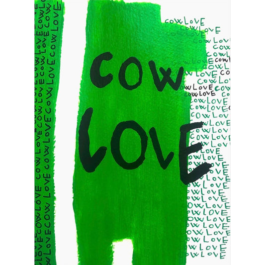 affiche Cow Love par Hélène Lelimouzin, fond vert avec typographies noires et motifs répétitifs