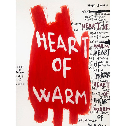 affiche Heart of Warm de l’artiste Hélène Lelimouzin, fond rouge vibrant avec typographie blanche expressive