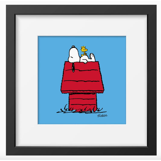Affiche encadrée Peanuts "House" – Snoopy et Woodstock sur la niche rouge