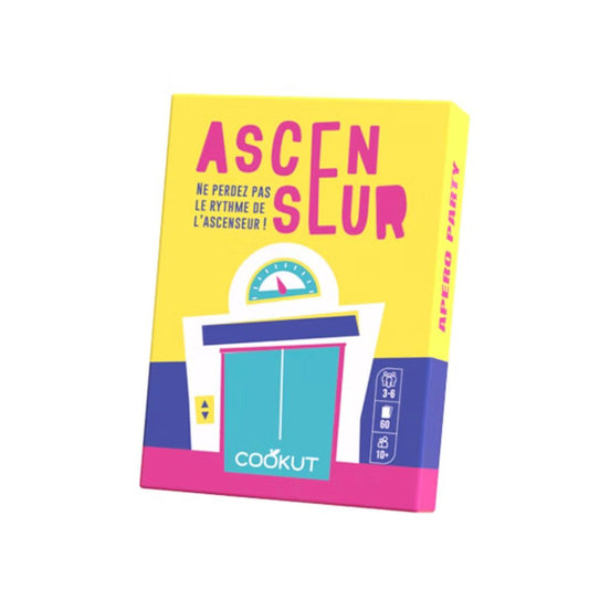 Jeu de cartes Ascenseur Cookut – boîte jaune, rose et bleue avec illustration d’ascenseur