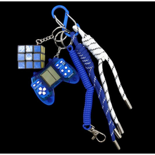 Grigri de sac Bag Charm manette bleue avec mini console Tetris et cube