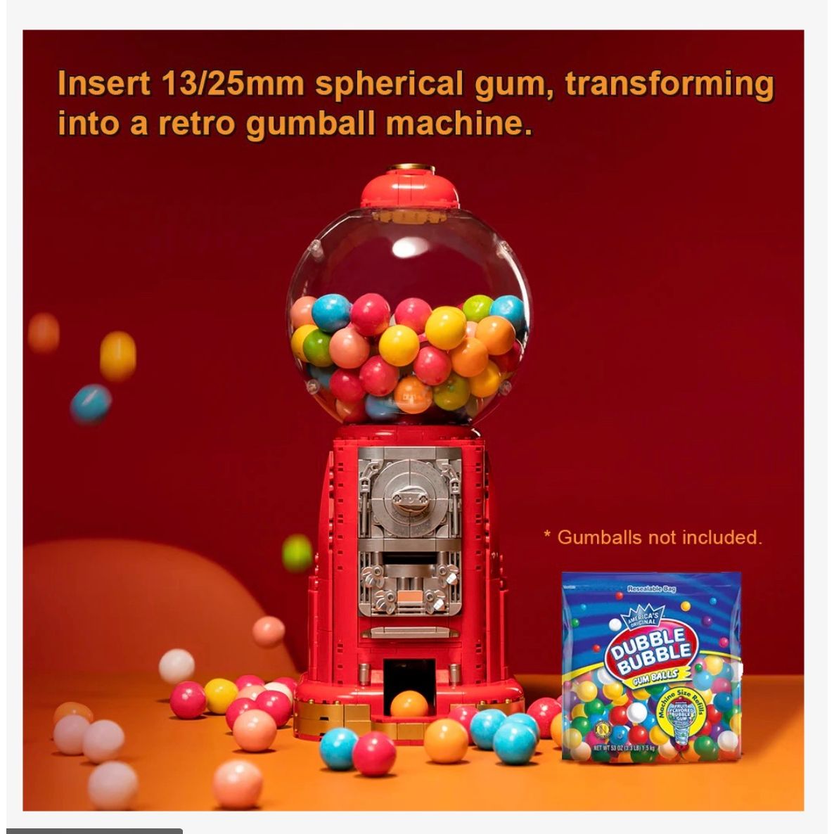Pantasy Gumball Machine rétro à construire, set de briques avec boules colorées (36 cm)