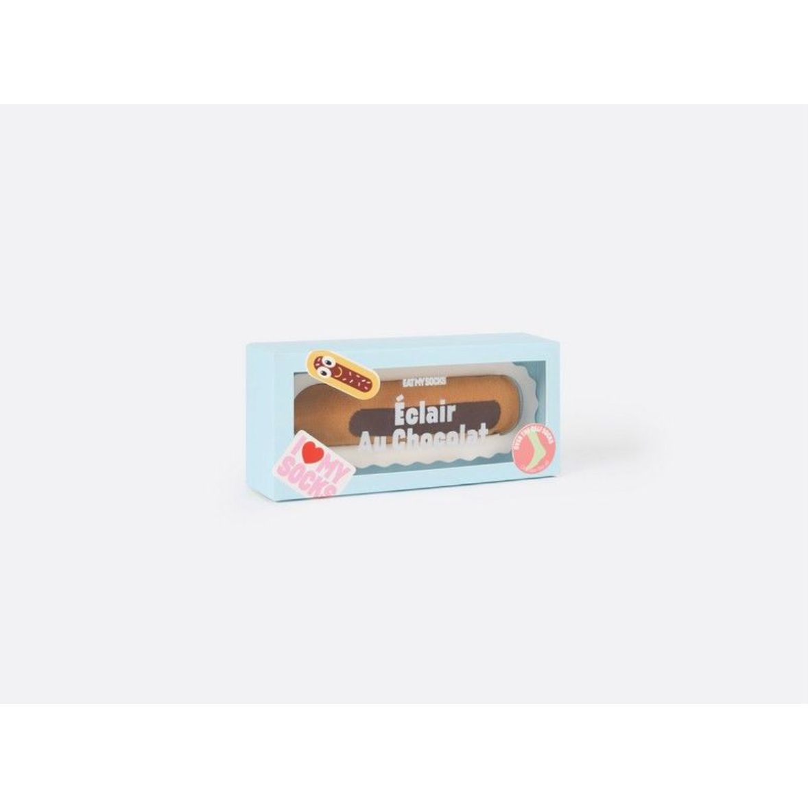 Chaussettes Eat My Socks – modèle Éclair au chocolat, packaging pâtisserie