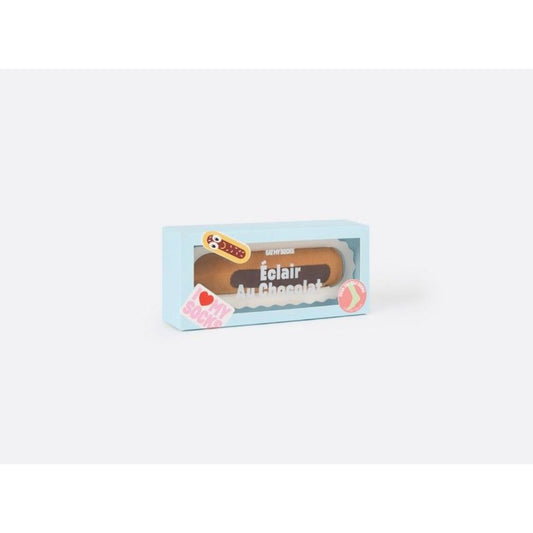 Chaussettes Eat My Socks – modèle Éclair au chocolat, packaging pâtisserie