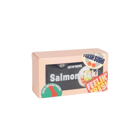 Chaussettes Eat My Socks – modèle Salmon Maki, packaging sushi trompe-l’œil
