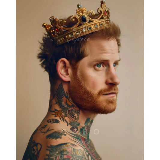 Affiche "Rebel Harry" – Cebo Galerie, portrait tatoué avec couronne