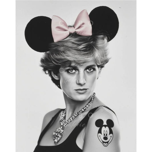 Affiche "Princesse Pop" – Cebo Galerie, portrait noir et blanc avec oreilles Minnie et tatouage Mickey