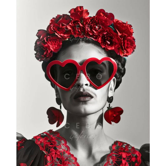 Affiche "Cœur de Frida" – Cebo Galerie, portrait noir & blanc avec fleurs et lunettes rouges