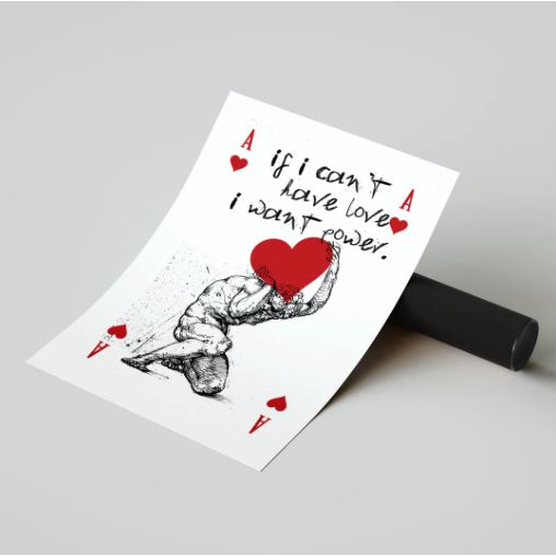Affiche "Love or Power" – Carte As de cœur revisité avec cœur rouge et citation