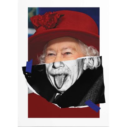 Affiche "Queenstein" – Collage de la Reine et Einstein – Pop art humoristique