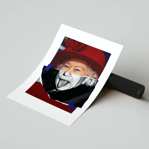 Affiche "Queenstein" – Collage de la Reine et Einstein – Pop art humoristique