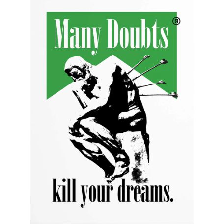 Affiche "Doubts Kills" – Sculpture du Penseur revisitée avec flèches et citation motivante