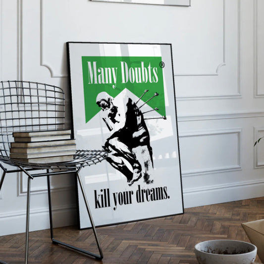 Affiche "Doubts Kills" – Sculpture du Penseur revisitée avec flèches et citation motivante