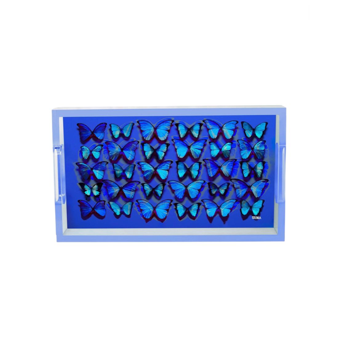 Plateau "Cobalt Midnight Blue" David Stesner – papillons bleus sur fond cobalt en acrylique transparent