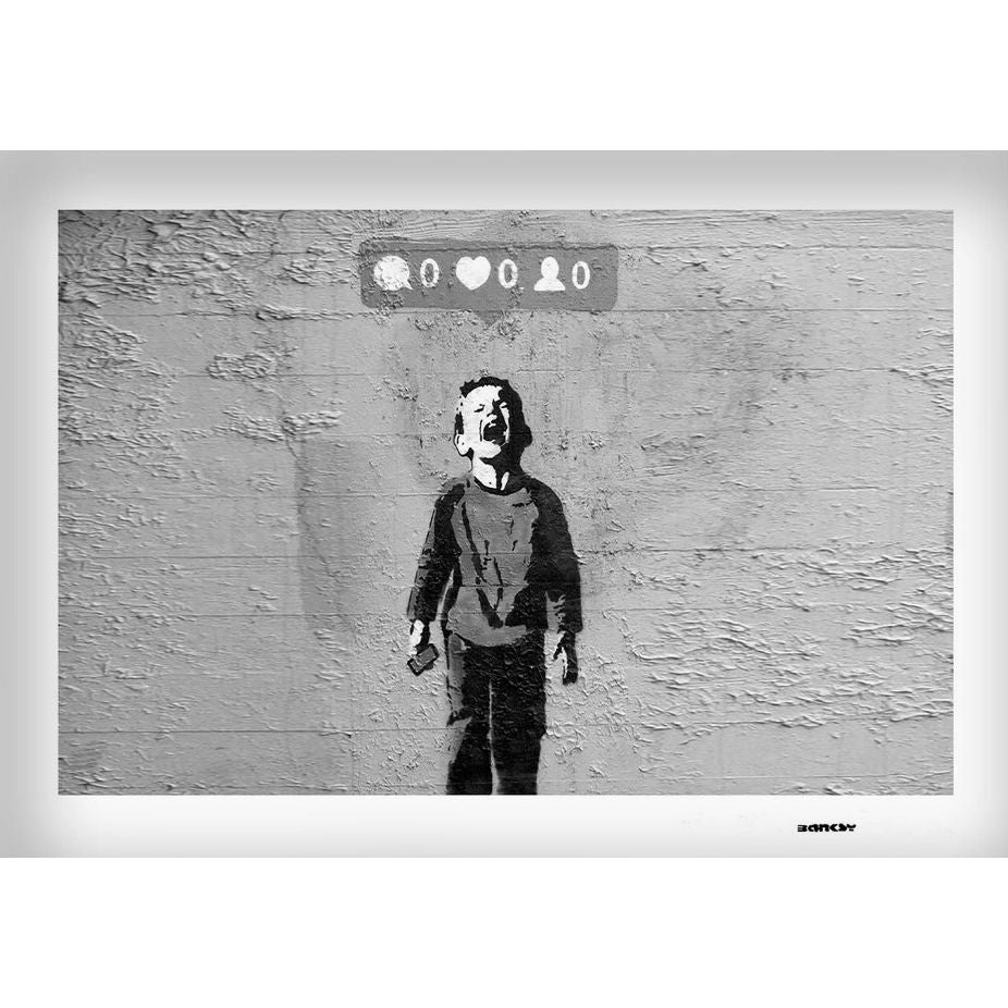 Affiche Banksy "Crying Boy" – enfant pleurant sous icônes de réseaux sociaux, street art noir et blanc format A3