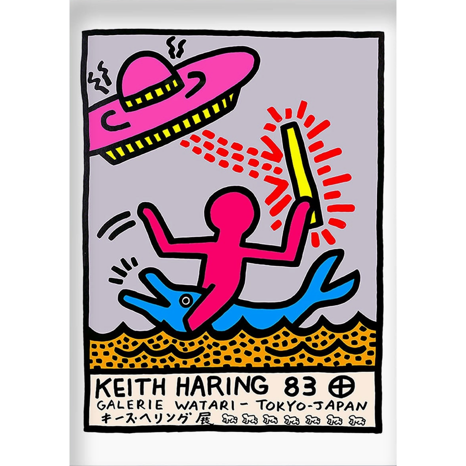 Affiche "Watari Tokyo 1983" de Keith Haring – personnage rose, dauphin bleu et OVNI rose, art pop coloré, Tokyo 1983, format A3