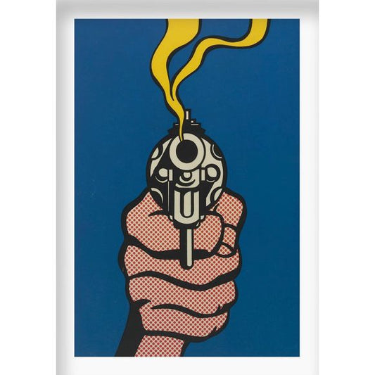 Affiche Roy Lichtenstein "The Gun in America" – main rouge tenant un revolver, fumée jaune sur fond bleu, style pop art, format A3