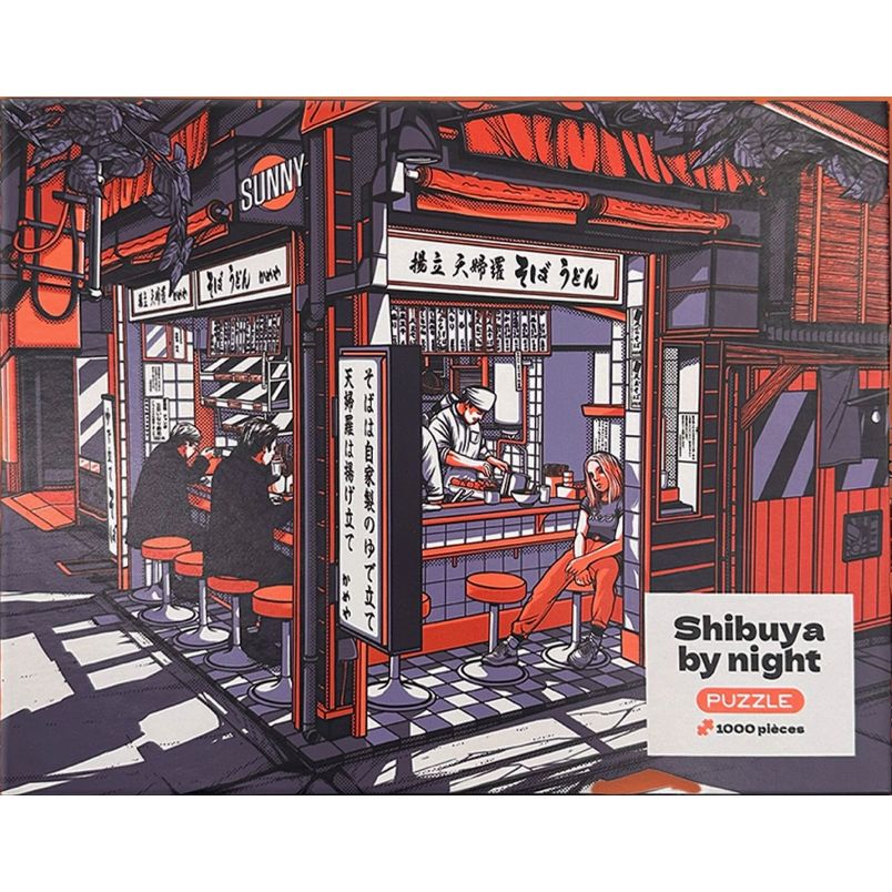 Puzzle "Shibuya by Night" de Paiheme Studio. 1000 pièces d’art urbain japonais inspiré de Tokyo. Couleurs néon, détails sublimes, édition premium.